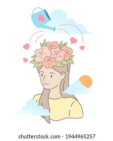 Beautiful flower garden inside a pretty female head and watering with water can in mental health concept. Hand draw style. Vector illustration.