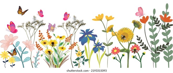 Beautiful flower garden on white background. Flower, bee, butterfly and other elements