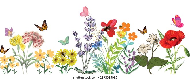 Beautiful flower garden on white background. Flower, bee, butterfly and other elements