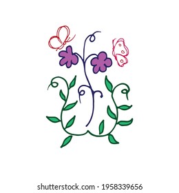 beautiful flower with green leaf, swirl branch and butterflies on white background. hand drawn vector. doodle art for logo, label, sticker, clipart, cover, poster, wallpaper, greeting, invitation card