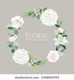 Beautiful flower and greenery  wreath background. Hydrangea, Wax flower, eucalyptus plant.	