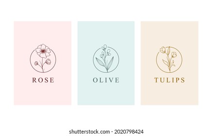 Beautiful flower hand drawn style logo collection set 