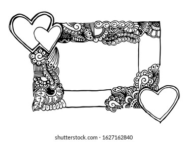 Beautiful flower and heart frame, zentangle art. Coloring page.