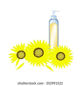 Beautiful Flower, Illustration of Bottle with Sunflower Oil and Yellow Sunflower Isolated on A White Background.