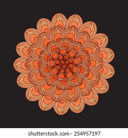 Beautiful flower illustration. Dahlia drawn in graphical style contours and lines, isolated on black background. Floral vector illustration.