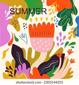 Beautiful flower illustration with decorative colourful bouquet and abstract doodles. Notebook cover. Summer art poster