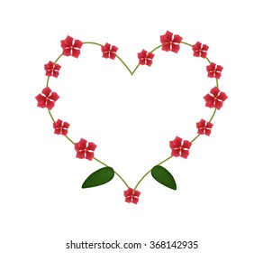 Beautiful Flower, Illustration of Red Cape Periwinkle, Bringht Eye, Indian Periwinkle, or Madagascar Periwinkle Flowers with Green Leaves Isolated on White Background.