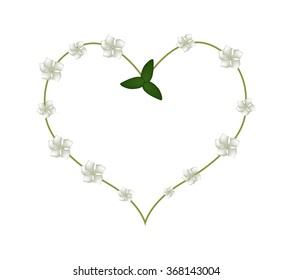 Beautiful Flower, Illustration of White Cape Periwinkle, Bringht Eye, Indian Periwinkle, or Madagascar Periwinkle Flowers with Green Leaves Isolated on White Background.