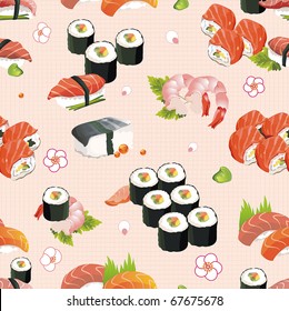 Hermosa flor Patrón sin foco de Japón y otros alimentos tradicionales japoneses, textura de ilustración vectorial