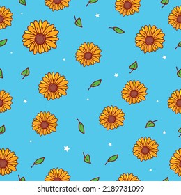 patrón transparente con ilustración de flores y hojas sobre fondo azul. vector dibujado a mano. 