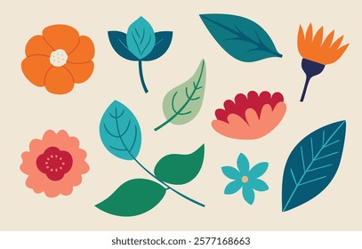 Beautiful flower and leaf vector set with modern flat design. Perfect for patterns, invitations, branding, and digital projects.