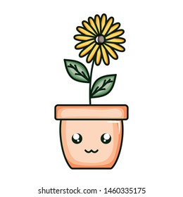 beautiful flower with leafs in ceramic pot kawaii character