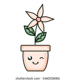 beautiful flower with leafs in ceramic pot kawaii character