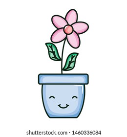 beautiful flower with leafs in ceramic pot kawaii character