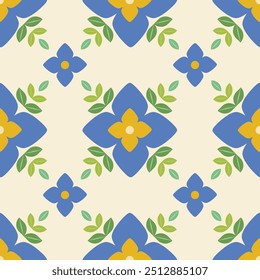Beautiful flower and leave seamless pattern.Botanical folk style.Nature tropical flower traditional texture ornaments.Cute colors vector illustration.Simple textile, fabric,wallpaper,print product