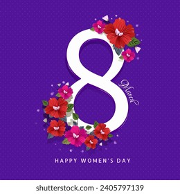 Beautiful Flower and Leaves Decorated Number of Eight on Purple Dotted Pattern Background for 8th March, Happy Women's Day Celebration Concept.