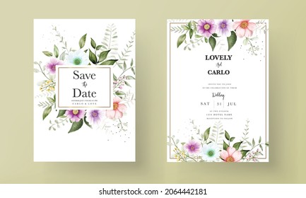 beautiful flower and leaves watercolor wedding invitation card