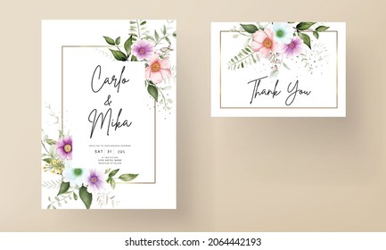 beautiful flower and leaves watercolor wedding invitation card