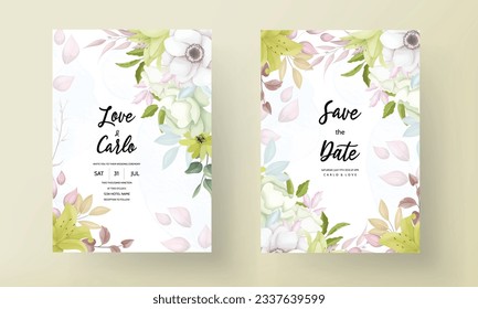 beautiful flower and leaves wreath wedding invitation card