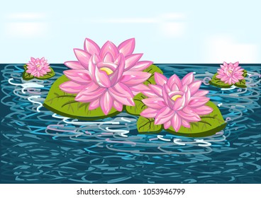 Beautiful flower lily on blue water - vector illustration