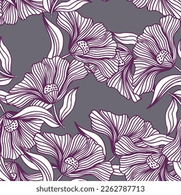 Hermosa línea de flores adorno de patrón impecable. Fondo interminable del contorno vintage floral. Estilo retro. Diseño para tela, impresión textil, envoltura, cubierta. Ilustración del vector