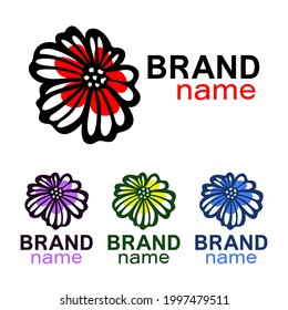 Beautiful flower logo. Blooming bud of chamomile, daisy or poppy. Black lines, red petals. Sign, icon for flower shop, beauty salon. The theme of nature, plants, parks, gardens. Vector illustration.