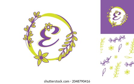 Beautiful Flower Logo using letter E with leafs, flowers and stem for Boutique, women, girl, lady, makeup, beauty brands with a pattern for branding designs