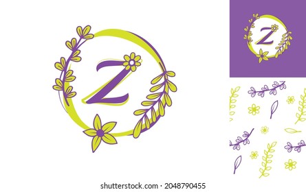 Beautiful Flower Logo using letter Z with leafs, flowers and stem for Boutique, women, girl, lady, makeup, beauty brands with a pattern for branding designs