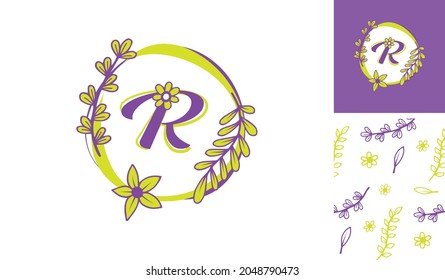 Beautiful Flower Logo using letter R with leafs, flowers and stem for Boutique, women, girl, lady, makeup, beauty brands with a pattern for branding designs