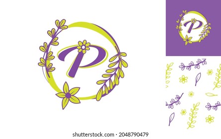 Logotipo de flores hermosas usando la letra P con hojas, flores y tallo para Boutique, mujeres, muchacha, dama, maquillaje, marcas de belleza con un patrón para diseños de marca