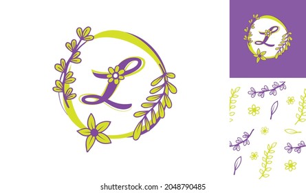 Beautiful Flower Logo using letter L with leafs, flowers and stem for Boutique, women, girl, lady, makeup, beauty brands with a pattern for branding designs