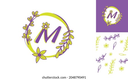 Logotipo de flores hermosas usando la letra M con hojas, flores y tallo para Boutique, mujeres, muchacha, dama, maquillaje, marcas de belleza con un patrón para diseños de marca