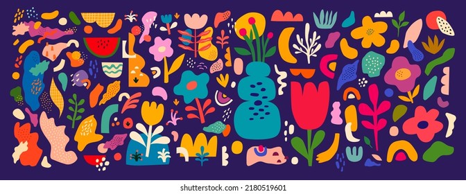 Beautiful flower modern collection with abstract shapes, flowers, leaves, flower compositions