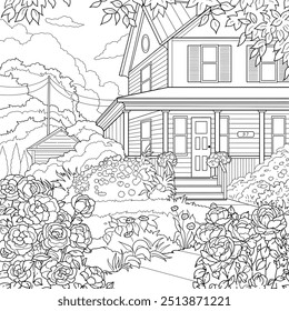 Beautiful flower nature and house, colouring page