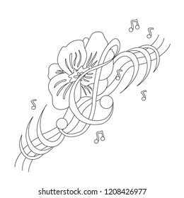Beautiful flower with notes. Linear style. Music of the soul. Vector illustration