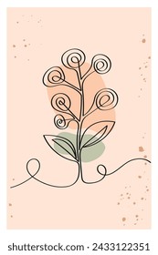 Beautiful flower in one line. A branch with many flowers, hand-drawn in a minimalist style, in a continuous line. One line art. Vector illustration on a beige background for posters, cards, banners