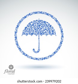 Beautiful flower patterned umbrella. Stylized accessory creative parasol, brolly graphic illustration, best for use in advertising and web design.