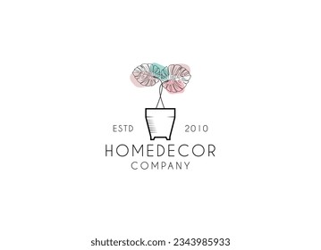 beautiful flower plant logo in vase or flowerpot in line art design style