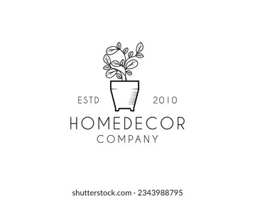 beautiful flower plant logo in vase or flowerpot in line art design style