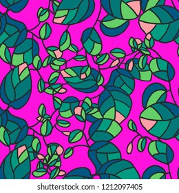 Beautiful flower and plants seamless pattern handdrawn on purple font for wrapping and summer design