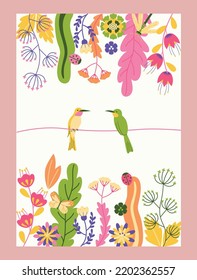 Beautiful flower poster. Colorful organic banner with cute hummingbirds, insects and blooming field plants. Design element for wedding invitation. Cartoon flat vector illustration with pink frame