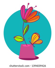 Beautiful flower in a pot and a butterfly on a blue background. Vector illustration.