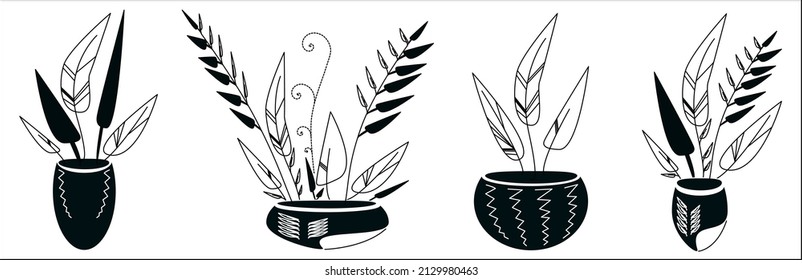 beautiful flower in a pot, vase, black and white doodle drawing