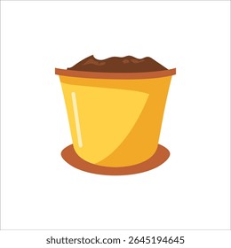 Beautiful flower pots isolated on white background for planting seeds and houseplants, Hand drawn vector Flat illustration of gardening items for garden spring work, yellow pot without plant with soil