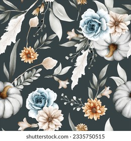 beautiful flower and pumpkin watercolor seamless pattern