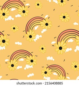 Hermoso dibujo animado de flores y arcoiris con colores naranja y amarillo. Diseño de fondo de textura repetitiva de patrón sin inconvenientes para gráficos de moda, impresiones textiles, tejidos, tapicería.