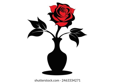 Beautiful flower rose with leaves in the pot, vector art illustration