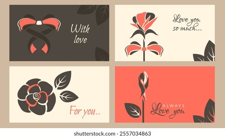 Beautiful flower, rosebud, bow in shape of heart, leaves with romantic text. Valentine concept. Set of Valentines day horizontal cards. Vector flat illustration for holiday wedding,  love wishes