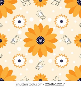 Beautiful flower seamless pattern with butterflies. Groovy background. Vector illustration in retro style. 