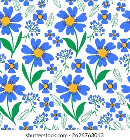 Hermoso patrón de flores sin fisuras con lindas flores de campo salvaje de Naturaleza. Doodle extravagantes plantas de verano y primavera. Fondo repetible femenino perfecto para la moda, ropa, tarjetas, invitaciones, envoltura